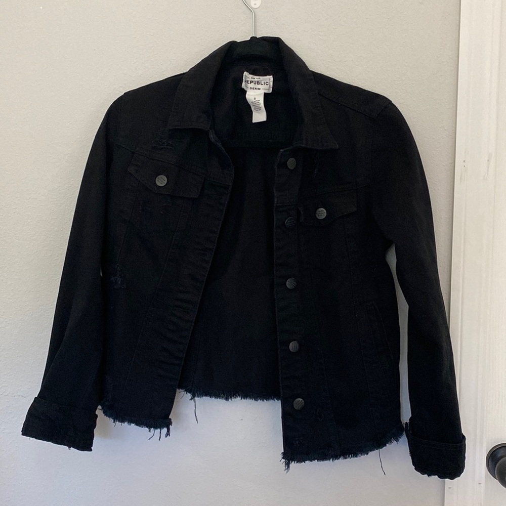 For The Republic, lightly de-stressed black cropped denim jacket.